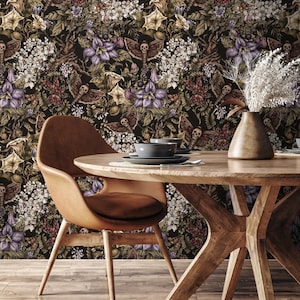 Dark Botanical Wallpaper Gothic Floral Wallpaper Peel and Stick and Traditional Wallpaper - D932
