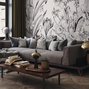 Tapete zum Abziehen und Aufkleben Abnehmbare Tapete Wohnkultur Wanddekoration Raumdekor / Schwarz-Weiße Boho-Blumentapete - C049