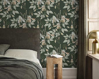 Green Floral Wallpaper Vintage Garden Wallpaper Peel and Stick and Traditional Wallpaper - D869