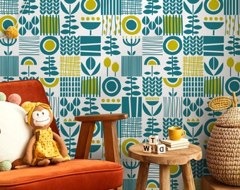 Wallpaper Peel and Stick Wallpaper Removable Wallpaper Home Decor Wall Decor Room Decor / Green and Yellow Cute Scandinavian Wallpaper -A707