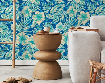 Wallpaper Peel and Stick Wallpaper Removable Wallpaper Home Decor Room Decor / Tropical Wallpaper, Blue Leaves Wallpaper - A971
