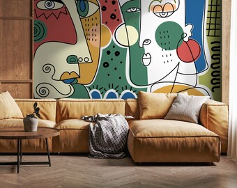 Modern Wallpaper in Yellow, Blue, and Red on Cream - Peel and Stick - D584