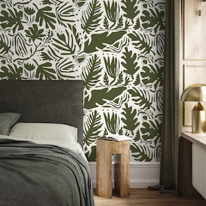 Dark Green Leaf Abstract Wallpaper Boho Wallpaper Peel and Stick and Traditional Wallpaper - D667
