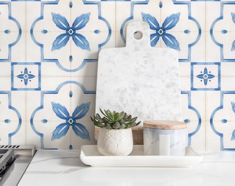 Tapete Blau Mediterrane Azulejo Fliesen Tapete auf Weiß - D535