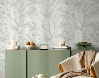 Light Sage Green Palm Leaves Wallpaper, Subtle Design Palm Leaf Wallpaper, Botanical Peel and Stick or Traditional material - ZAEN