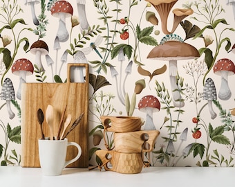 Vintage Mushroom Wallpaper Botanical Wallpaper Peel and Stick and Traditional Wallpaper - D817
