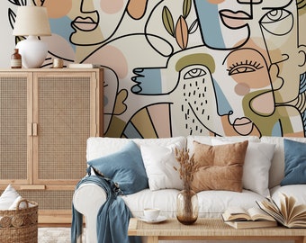 Contemporary Line Art Faces Wallpaper Abstract Mural Peel and Stick Wallpaper Home Decor - D558