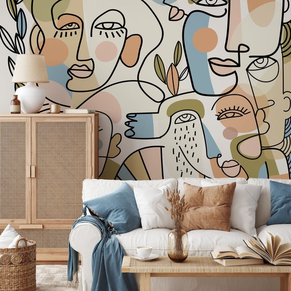 Contemporary Line Art Faces Wallpaper Abstract Mural Peel and Stick Wallpaper Home Decor - D558