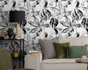 Wallpaper Peel and Stick Wallpaper Removable Wallpaper Home Decor Wall Art Wall Decor Room Decor / Black and White Leaves Wallpaper - D958