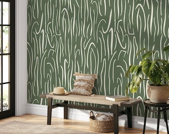 Green Abstract Leaf Wallpaper Boho Wallpaper Peel and Stick and Traditional Wallpaper - D619