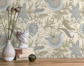 Green Floral Vintage Wallpaper / Peel and Stick Wallpaper Removable Wallpaper Home Decor Wall Art Wall Decor Room Decor - D273