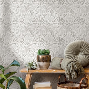 Modern Botanical Beige White Wallpaper - C231