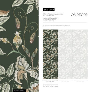 May include: A green floral pattern with a repeating design of stylized roses and leaves. The pattern is 24 inches wide and repeats once in a 24-inch roll. The pattern is available for customization. The text "ONDECOR" is in the upper right corner of the image.