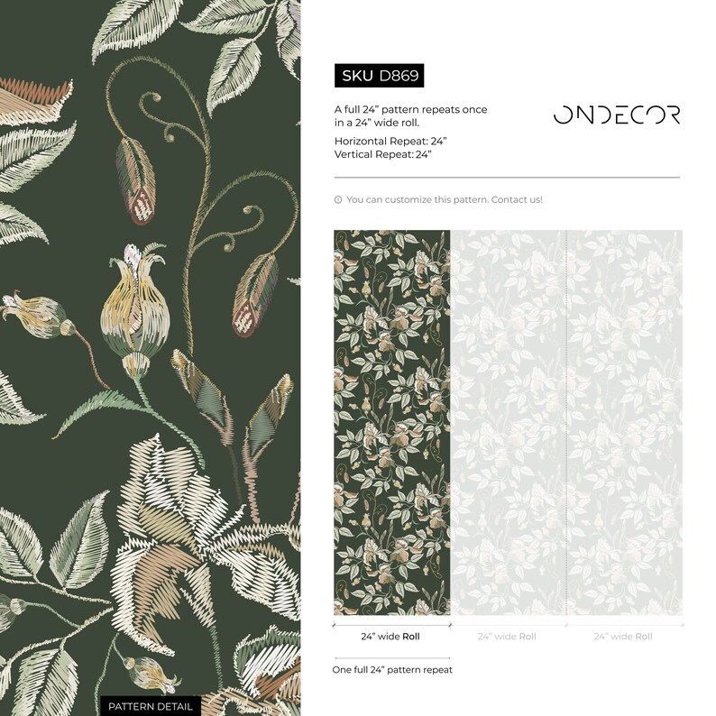 May include: A green floral pattern with a repeating design of stylized roses and leaves. The pattern is 24 inches wide and repeats once in a 24-inch roll. The pattern is available for customization. The text "ONDECOR" is in the upper right corner of the image.