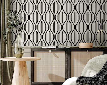 Geometric Wallpaper with Wavy Interlocking Lines in Black and Cream - C304