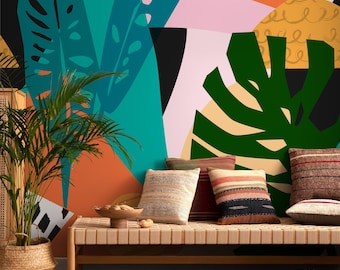 Abstract Wallpaper with Mid-Century Botanical Shapes in Teal, Pink, and Orange - C087