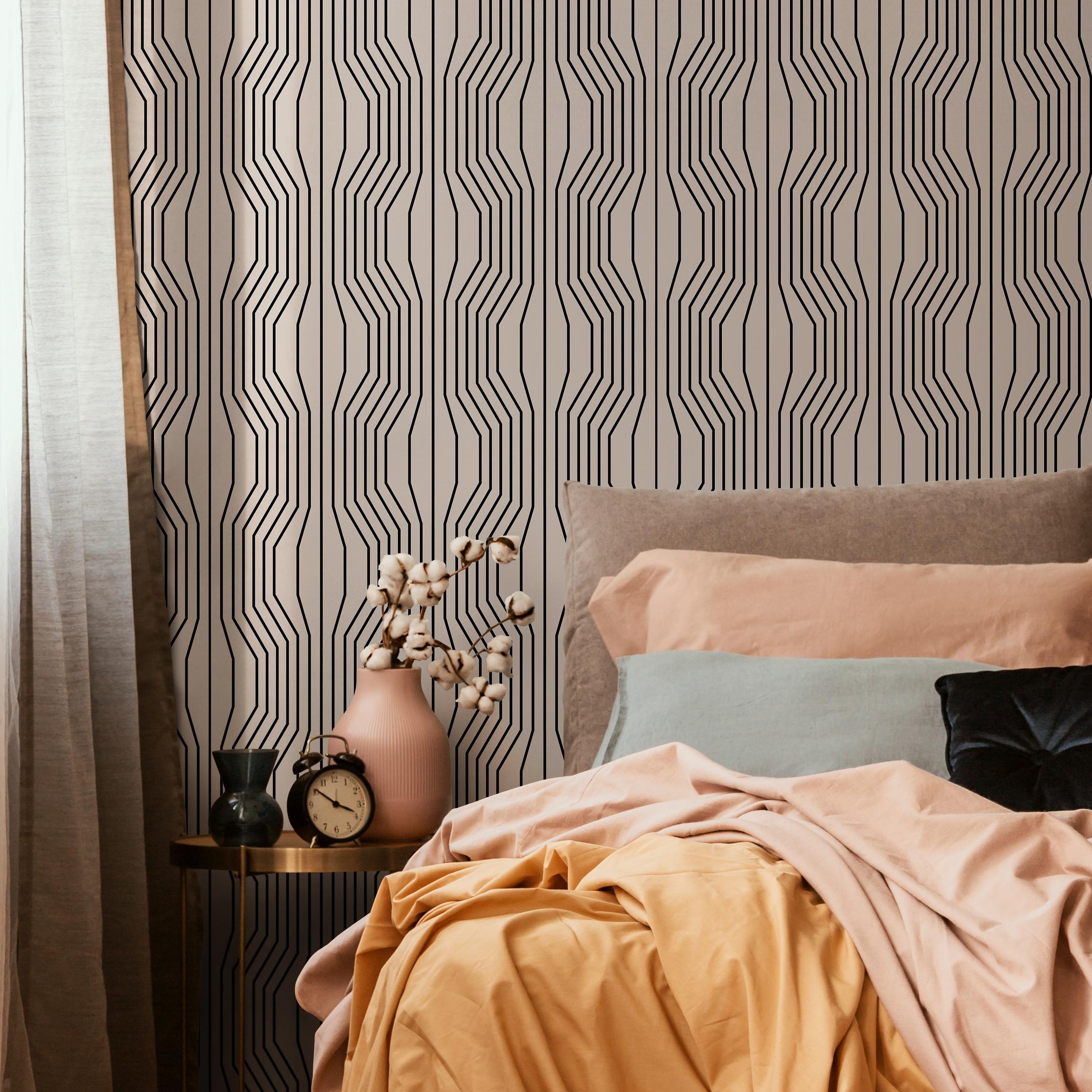 Mid-century Modern Geometric Beige & Black Wallpaper - C303 - Etsy
