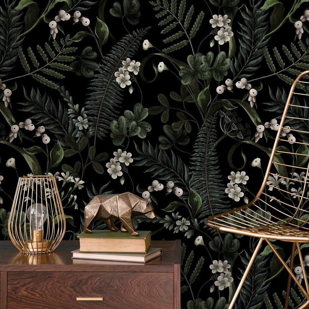 Botanical Wallpaper With Forest Flora and Berries in Green and White ...