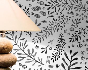 Botanical Wallpaper with a Hand-Drawn Floral Motif in Black and White - X002