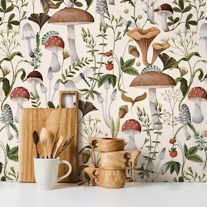 Botanical Wallpaper with a Mushroom Forest Motif in Brown, Green, and Red - D817