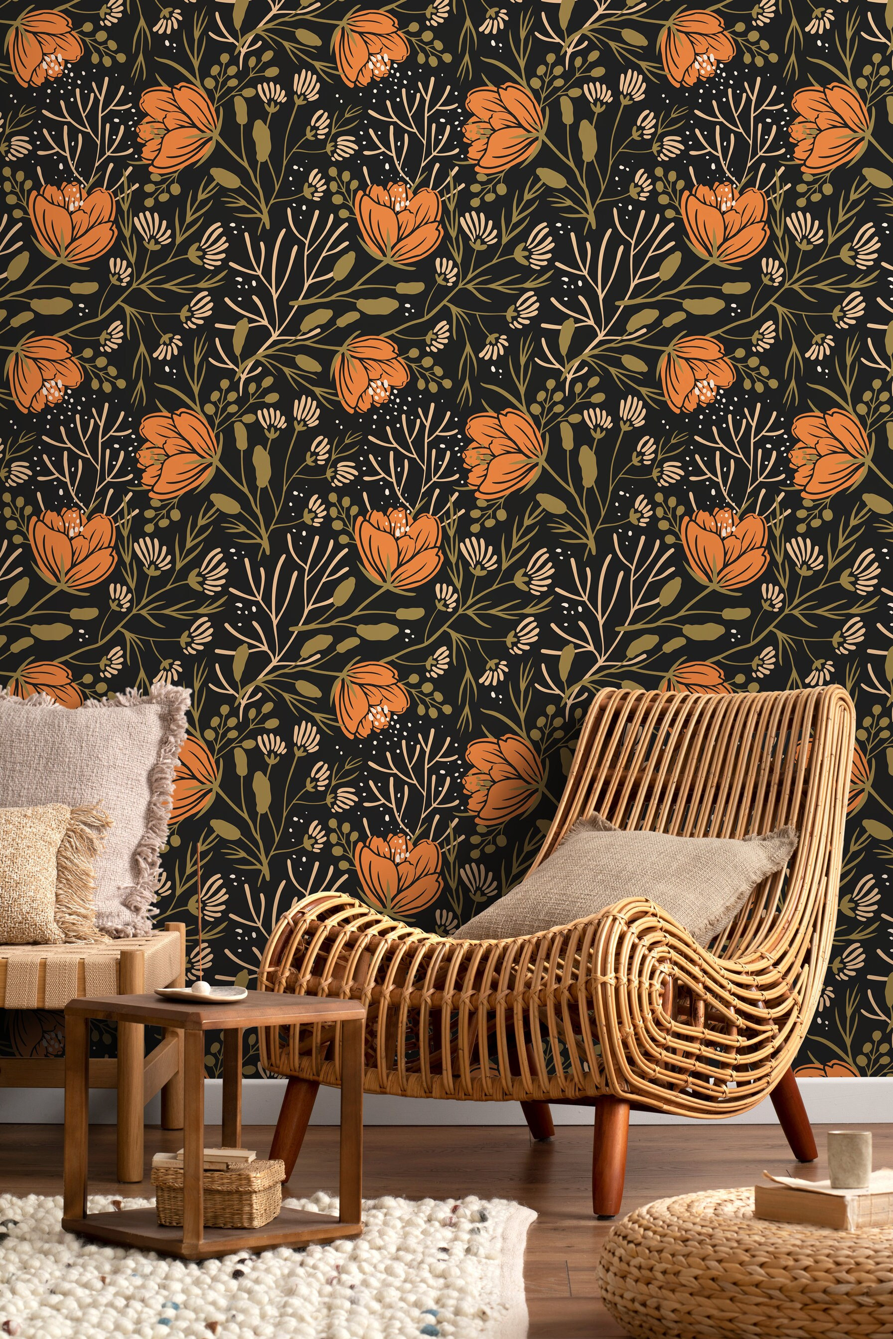 Boho Floral Wallpaper / Peel and Stick Wallpaper Removable Wallpaper