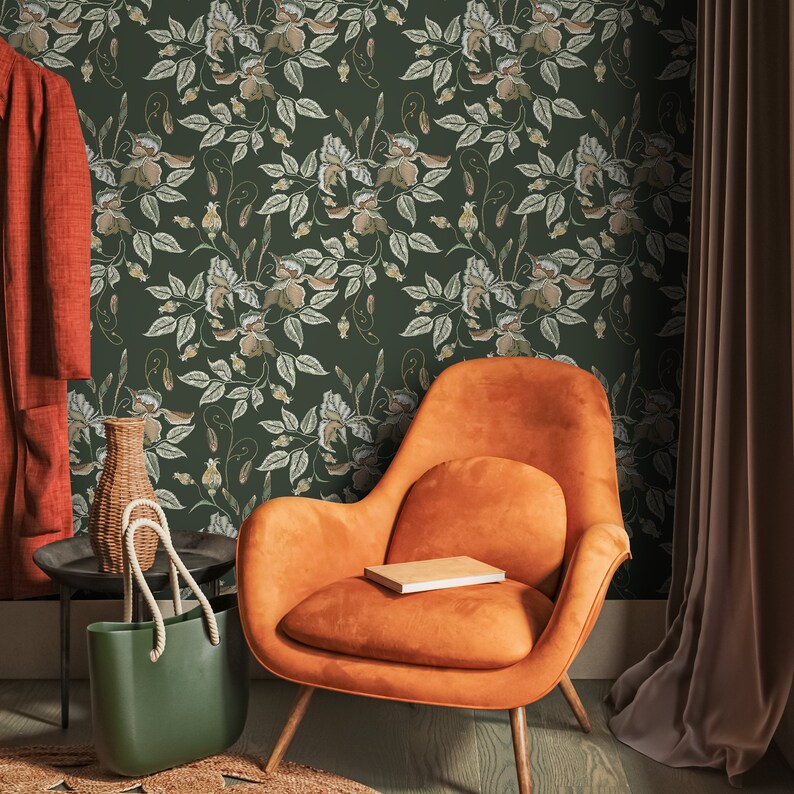Green Floral Wallpaper Vintage Garden Wallpaper Peel and Stick and Traditional Wallpaper - D869 image 5