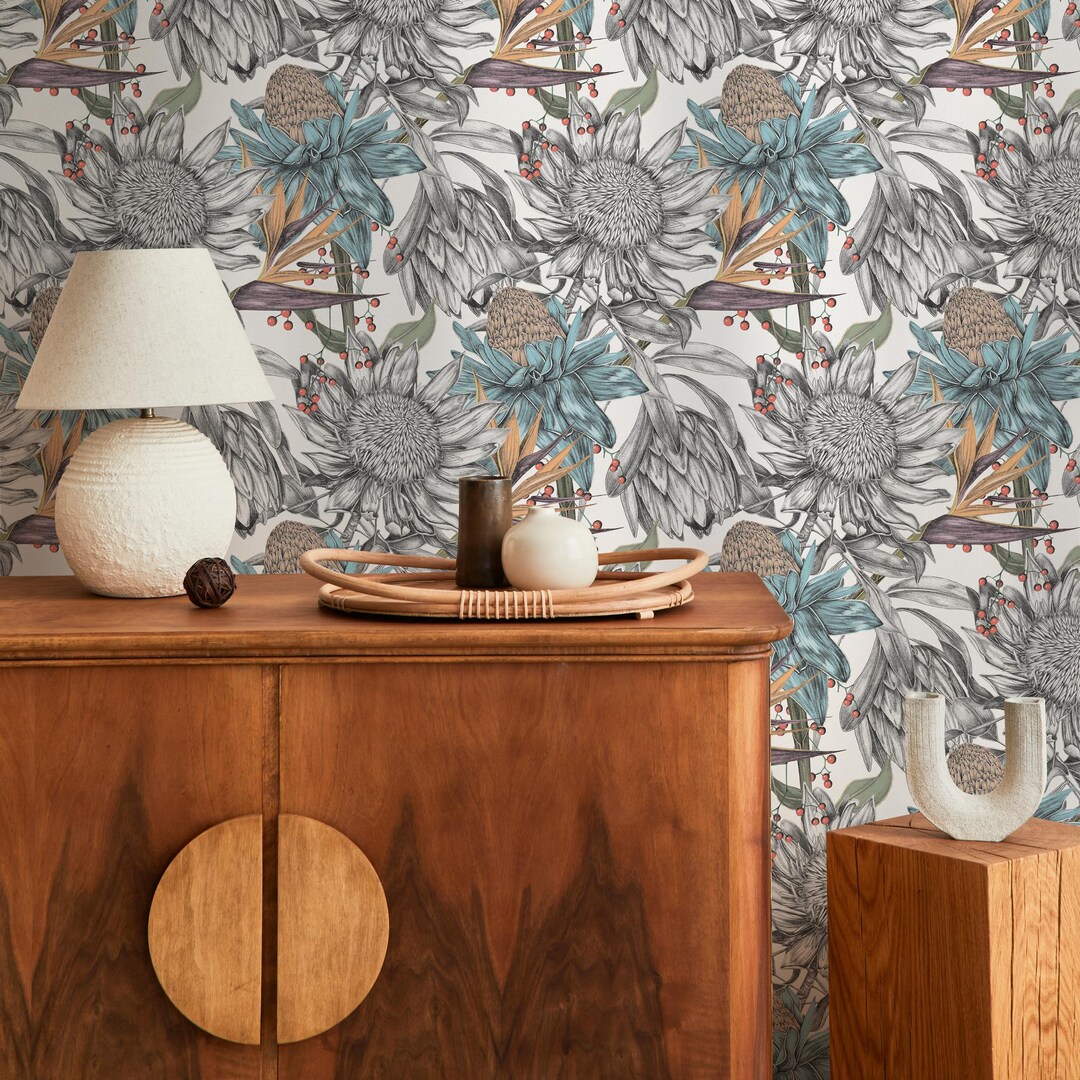 Botanical Floral Blue Gray Wallpaper - C002 - Etsy