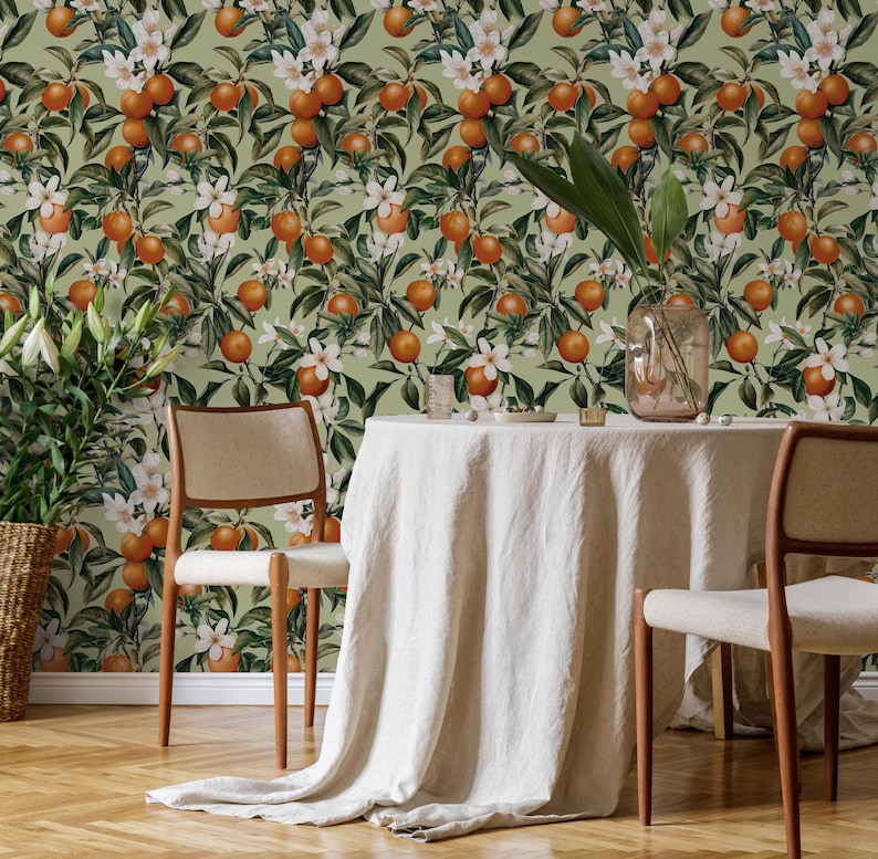 Botanical Wallpaper With Orange Trees and White Blossoms in Green ...