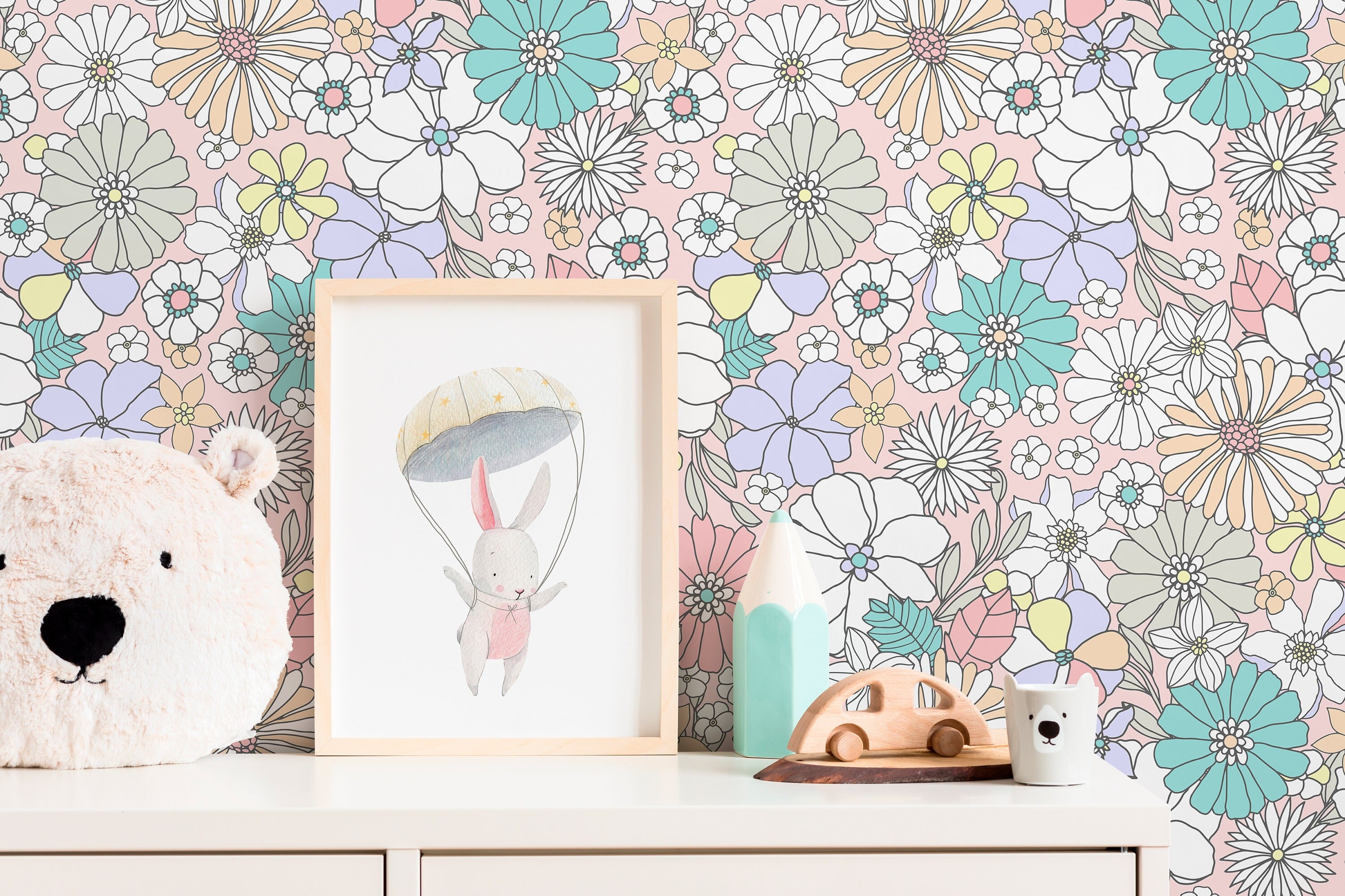 Floral Wallpaper in Pink, Teal, and Yellow on White - Peel and