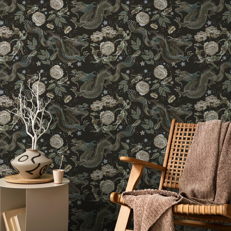 Dragon and Roses Wallpaper Chinoiserie Wallpaper Peel and Stick and Traditional Wallpaper D881 image 1