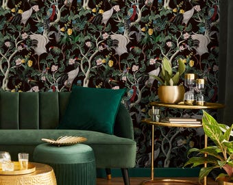 Chinoiserie Wallpaper featuring Cranes and Birds in Black and Blue