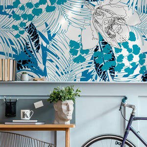 Tropical Wallpaper Featuring Orchids and Ginkgo Leaves in Blue and Black - A937