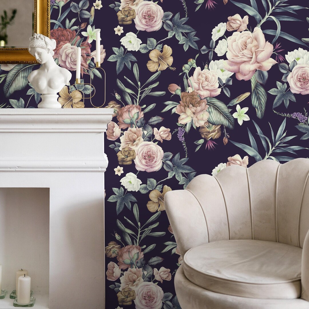 Floral Wallpaper Featuring Vintage Roses and Peonies in Dark Purple ...