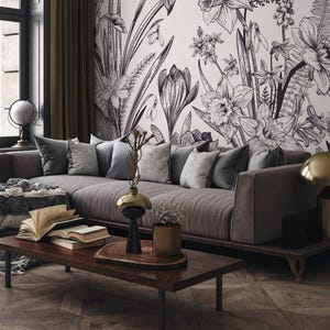 Bloemenbehang met een vintage botanische schets in zwart-wit - C049