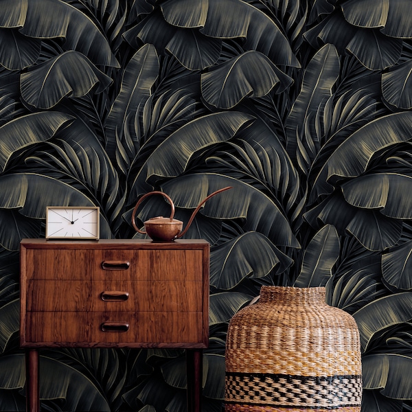 Wallpaper Peel and Stick Wallpaper Removable Wallpaper Home Decor Wall Art Wall Decor Room Decor / Banana Dark Leaves Wallpaper - C444