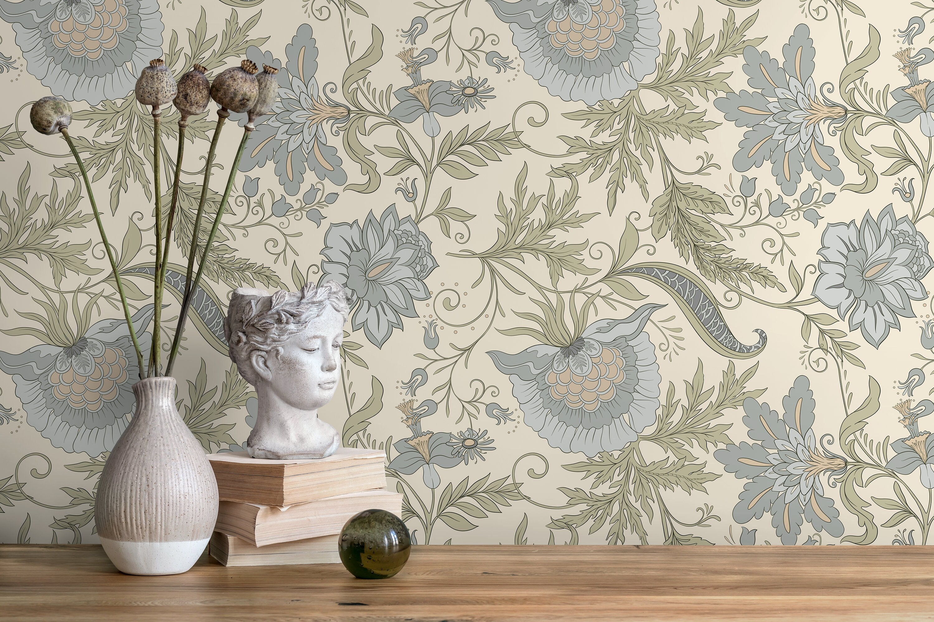 Green Floral Vintage Wallpaper / Peel and Stick Wallpaper Removable ...