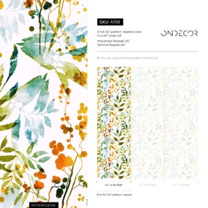 May include: A watercolor floral pattern with green leaves, yellow and orange berries, and a white background. The pattern repeats once in a 24-inch wide roll. The pattern is called "SKU A198" and is available from ONDECOR.