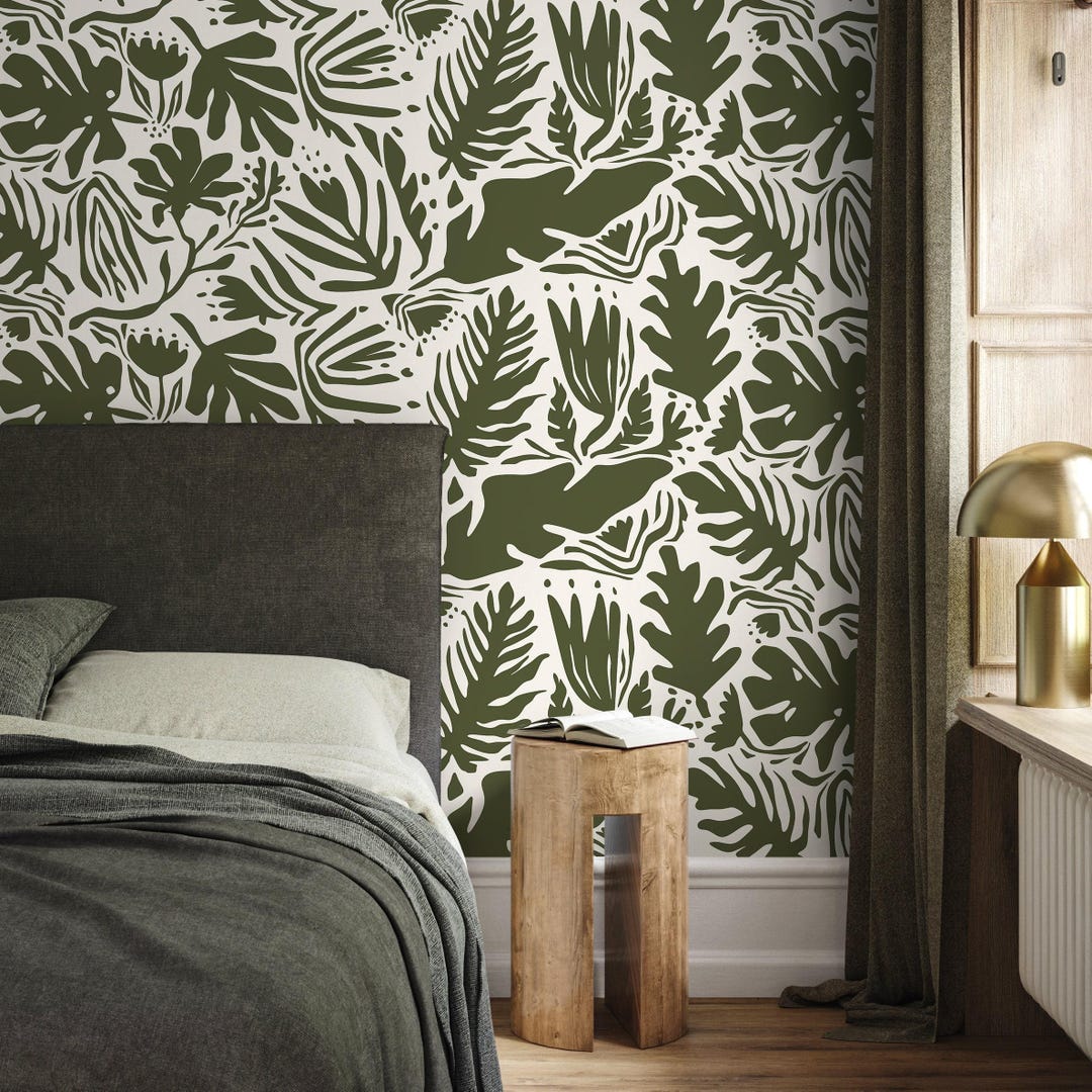 Botanical Wallpaper With Abstract Leaf Cutouts in Dark Green - D667 - Etsy