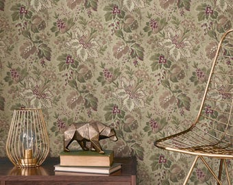 Tapete mit Vintage Damast Motiv in Grün, Mauve und Bordeauxrot - E133 A