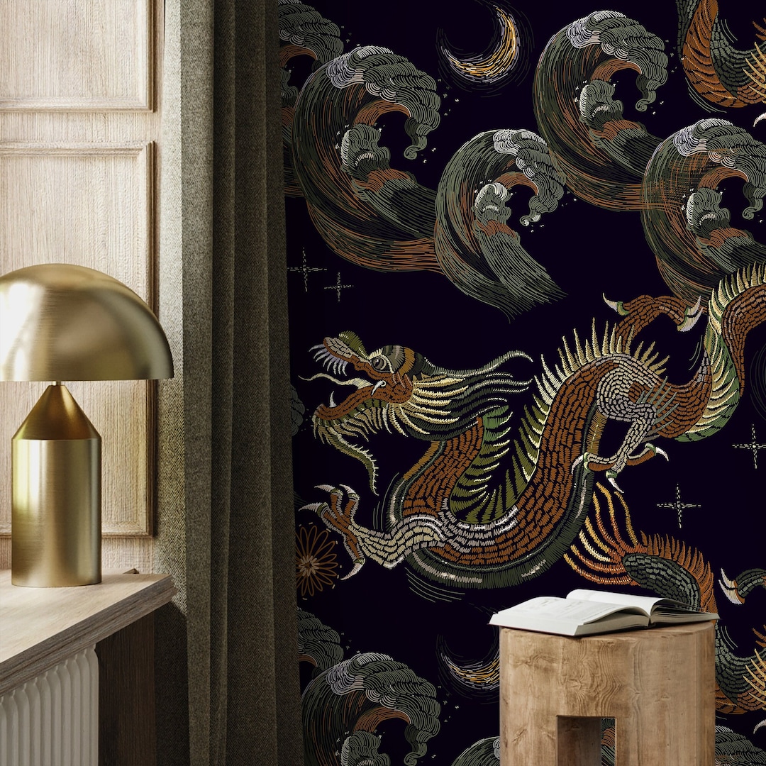 Dark Chinoiserie Wallpaper Vintage Dragon Wallpaper Peel and Stick and  Traditional Wallpaper D877