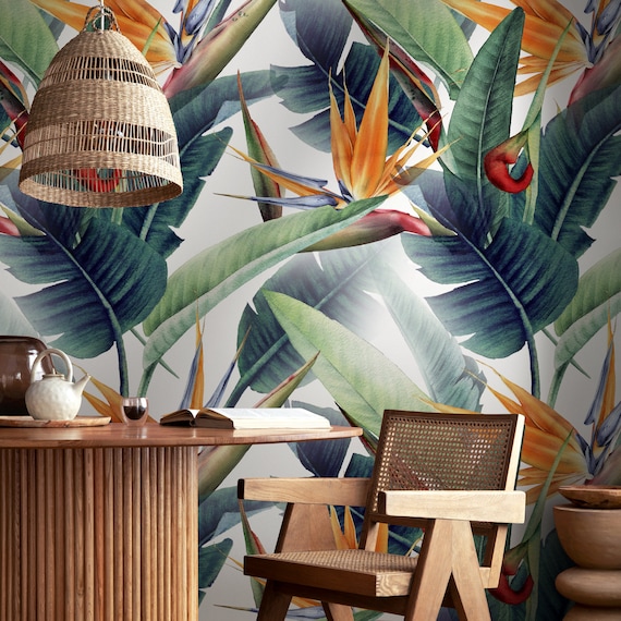 Papel de Parede Autoadesivo - Folhas de Palmeira Douradas Tropicais e Borboletas, 17.3 cm x 118 cm, Vinil Removível