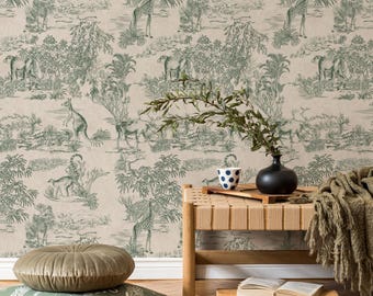 Retro Vintage French Toile de Jouy Wallpaper, Green and Beige Print Wall Decor - E121 B