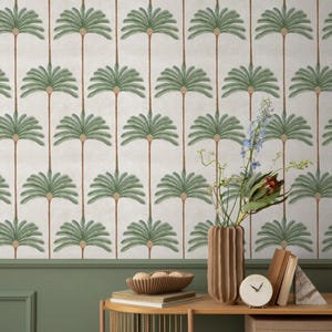 Botanical Wallpaper with a Palm Tree Stripe Pattern in Green and Brown - E142 B