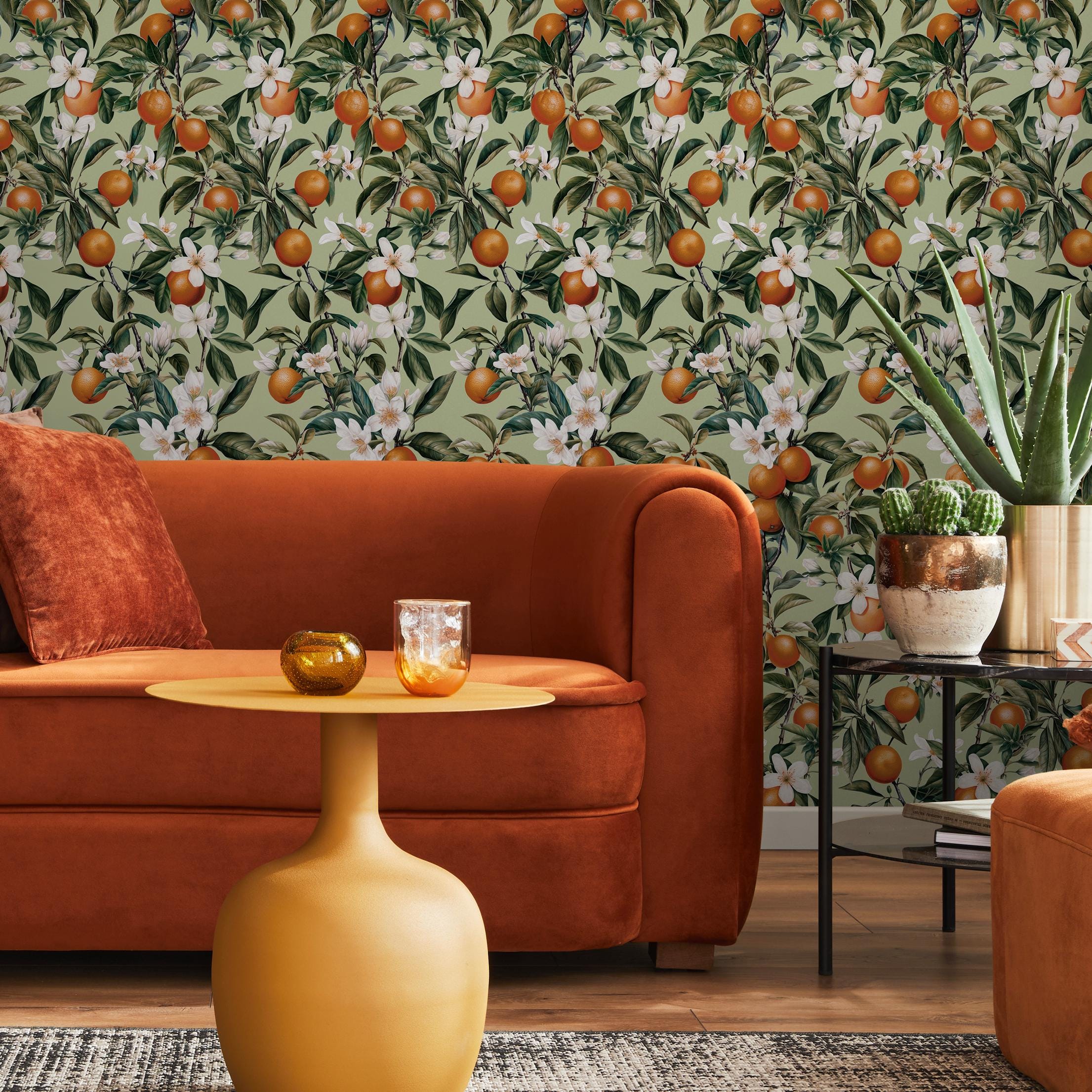 Botanical Wallpaper With Orange Trees and White Blossoms in Green ...