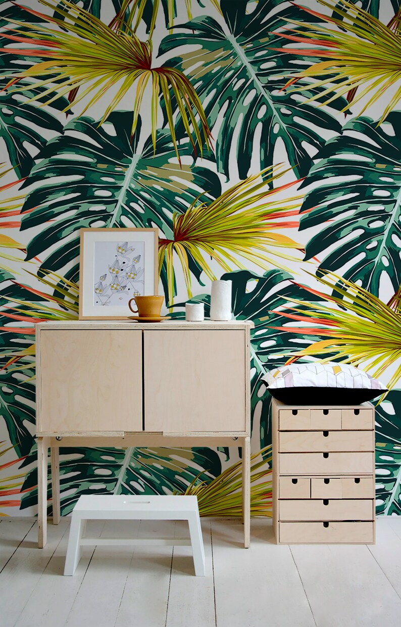 Monstera Leaf Wallpaper Removable Walldecor Peel and Stick Etsy