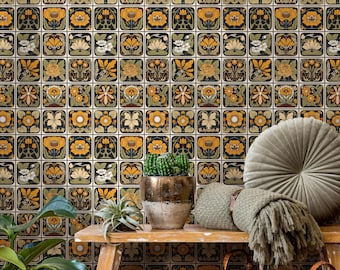 Art Nouveau Floral Black & Green Wallpaper - C215