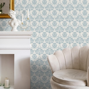 Victorian Damask Blue & Cream Wallpaper - C309