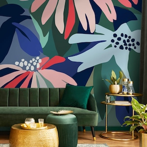 Mid-Century Floral Navy & Pink Wallpaper - C128