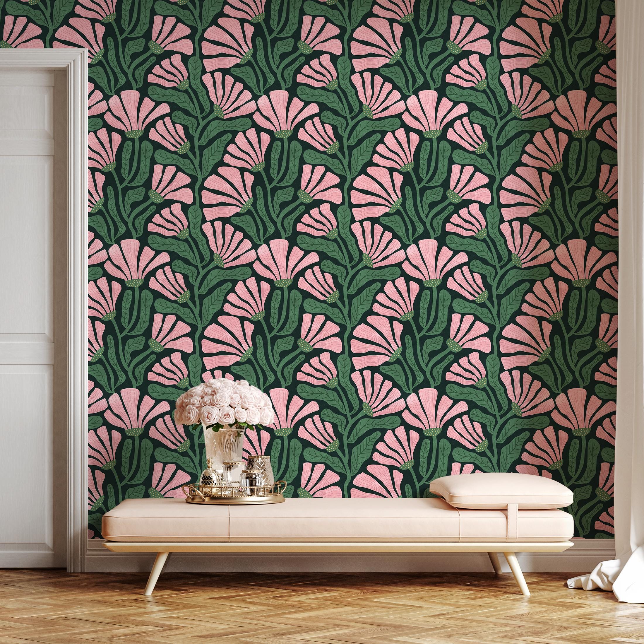Floral Wallpaper With Bold Stylized Blooms in Pink, Green and Black ...