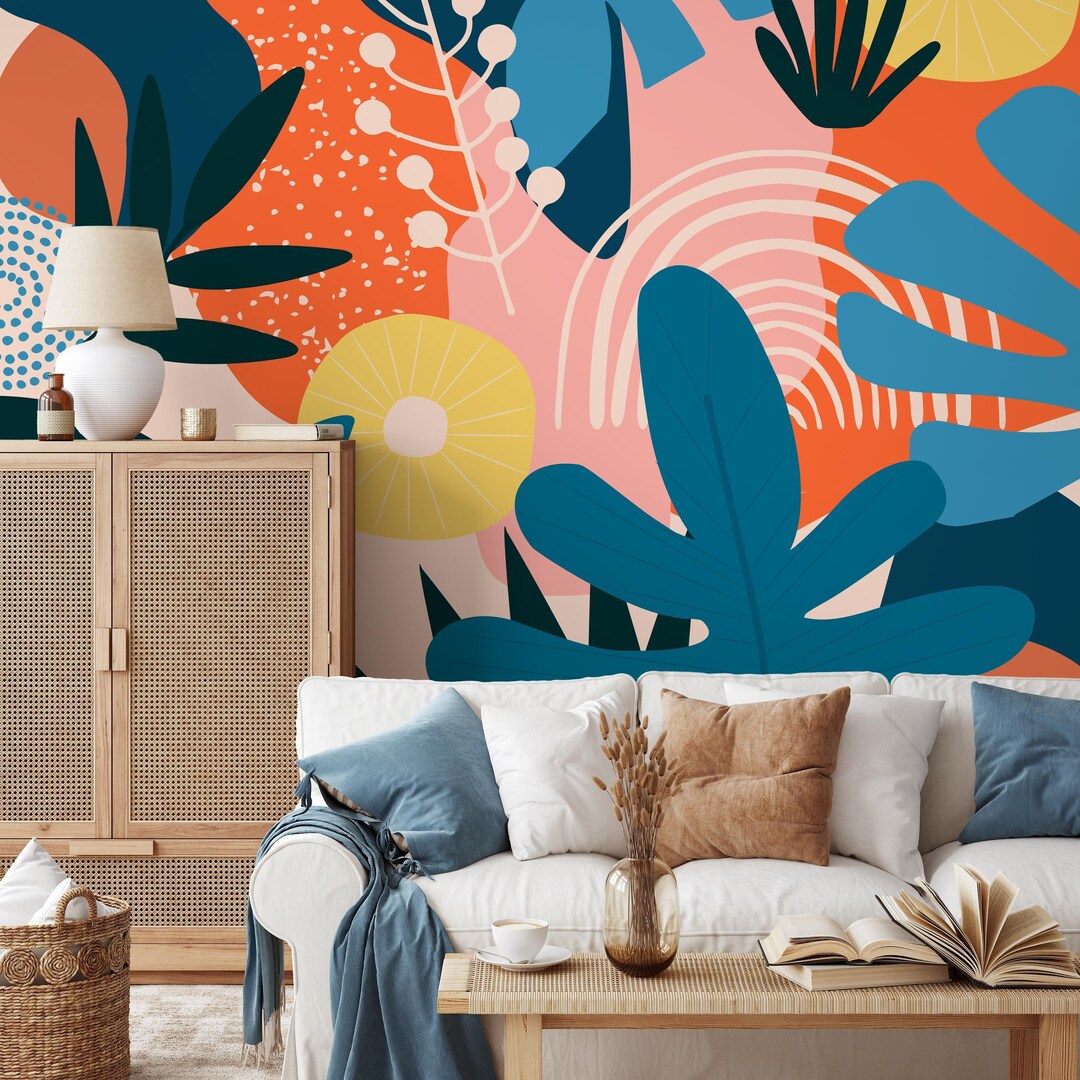 Botanical Wallpaper With Abstract Shapes in Orange, Blue, and Pink ...